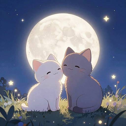 Cute Anime Cats Cuddling Under Moonlight