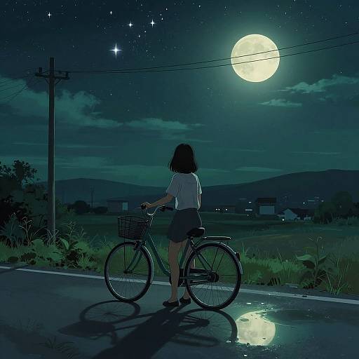 Anime-style digital artwork of a girl in a white shirt and black skirt, standing beside a bicycle, gazing at a bright full moon under a star