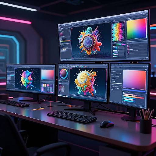 Photograph of a neon-lit digital workstation with five monitors displaying colorful, abstract sun-like patterns on a dark desk.