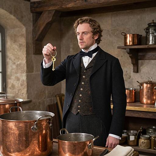 Photograph of a curly-haired, Caucasian man in 19th-century formal attire, holding keys, standing in a rustic kitchen with copper pots.