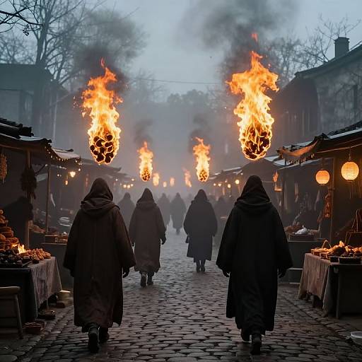 Photograph of a foggy, cobblestone marketplace at dusk with people in hooded coats walking past stalls, illuminated by fiery, flaming fruit decorations