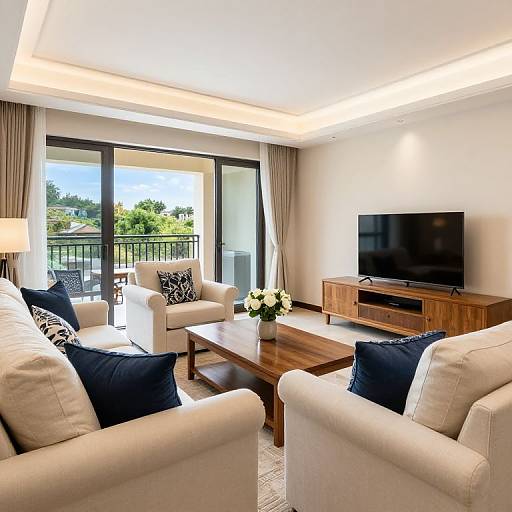 Spacious Living Room with Cream Sofas and Balcony View
