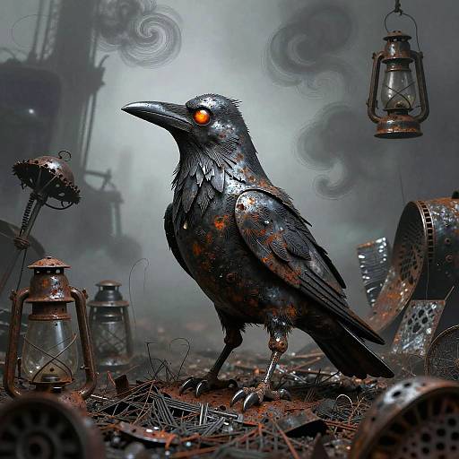 Digital illustration of a black crow with glowing orange eyes, surrounded by rusted lanterns and machinery in a smoky, industrial setting.