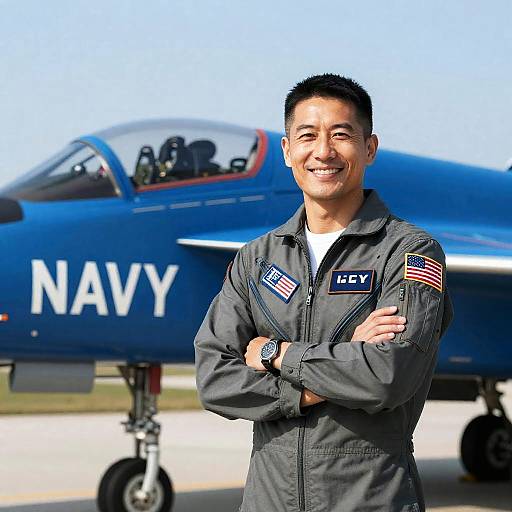 Smiling Pilot in Front of Navy Jet