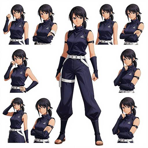 Digital anime-style character sheet of a black-haired, blue-eyed woman in black ninja outfit with various poses, expressions, and arm positions.