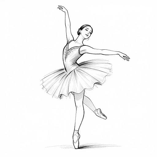 Black-and-white line drawing of a ballet dancer in a tutu, standing on one leg with arms gracefully extended in an elegant pose.
