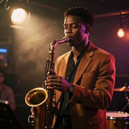 Jazz Musician Playing Saxophone in Intimate Club