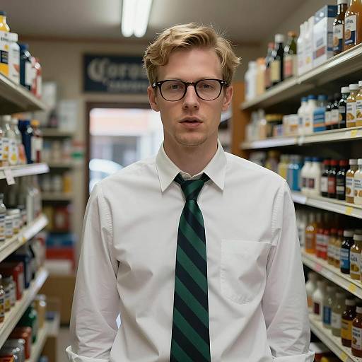 Young Man in Store Aisle with Green Striped Tie