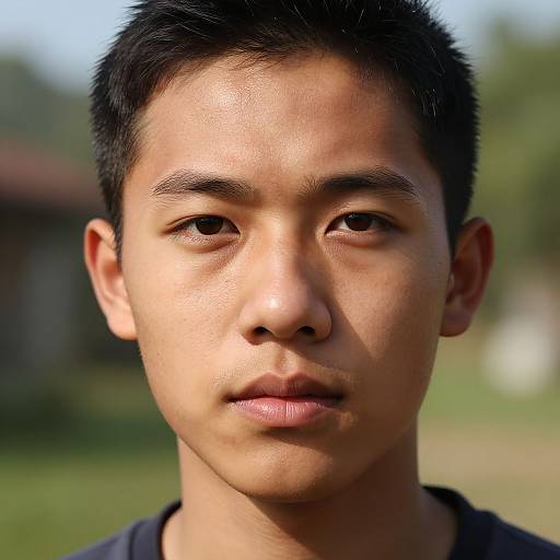 Photograph of a young Asian man with short black hair, smooth medium-brown skin, and neutral expression, wearing a dark shirt, against a blurred