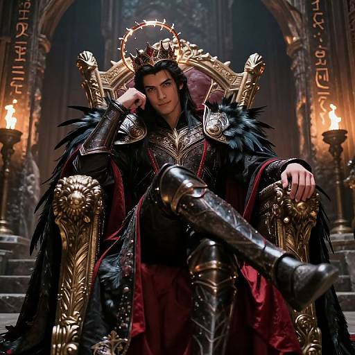 Digital artwork of a dark-haired, handsome king with a halo, seated on an ornate golden throne, wearing black fur and armor, in a dim