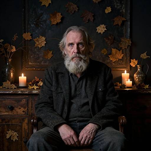 Photograph of an elderly man with white hair and beard, wearing a black jacket, sitting in a dimly lit room with autumn leaves and lit candles