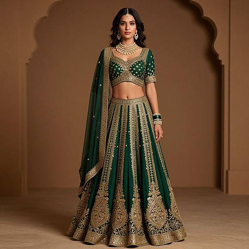 Photograph of a South Asian woman in an elegant green and gold traditional lehenga with intricate embroidery, standing in a beige, arch-shaped background.