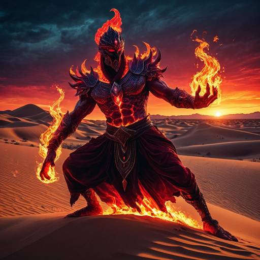 Majestic Fiery Djinn in Desert Twilight