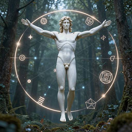 Digital artwork: White, muscular, nude statue of a man with arms outstretched, surrounded by glowing astrological symbols in a misty forest.