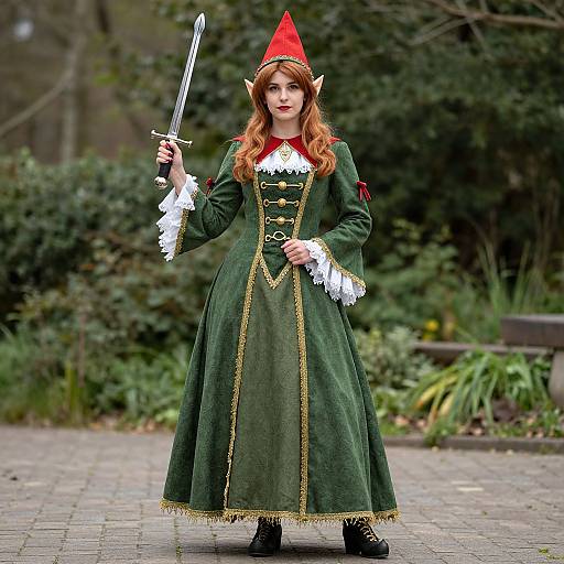 Photograph of a red-haired woman in a green elf costume with pointed hat, white lace trim, holding a sword, standing outdoors on a paved path