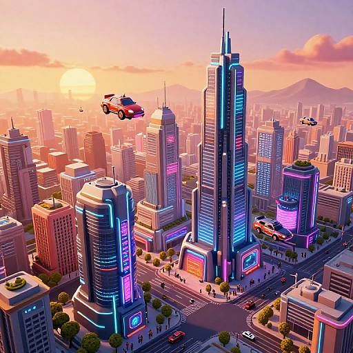 Digital CGI of a futuristic, neon-lit cityscape at sunset, featuring towering skyscrapers, flying cars, and vibrant streetlights, with a