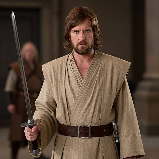 Photograph of a bearded man with brown hair, wearing a beige Jedi robe and brown belt, holding a lightsaber, standing in a dimly