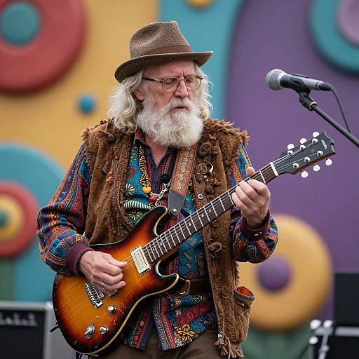 Photograph of an elderly white man with long white beard, brown hat, colorful patterned shirt, brown vest, playing a sunburst electric guitar on