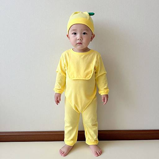 Photograph of an Asian baby in a yellow onesie and matching hat, standing barefoot against a plain white wall.