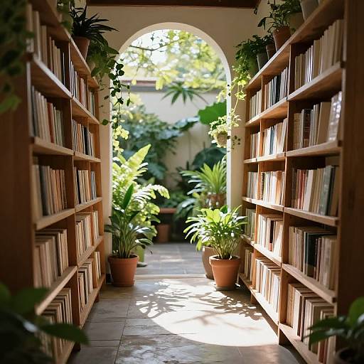 Photograph of a sunlit, narrow library corridor with wooden bookshelves on both sides, potted plants, and an arched window revealing lush