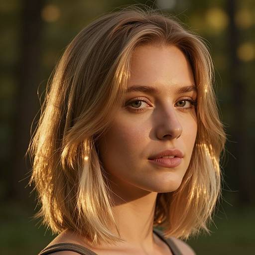 Photograph of a blonde woman with shoulder-length hair, soft sunlight highlighting her face, looking to the side, in a forest background.