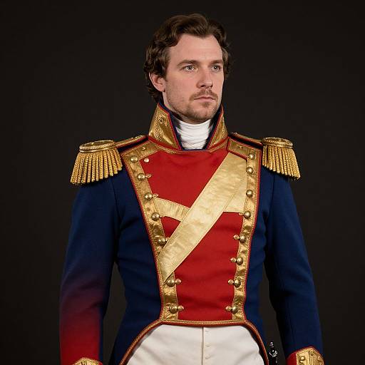 Photograph of a white man with short brown hair, wearing a detailed Napoleonic-style military uniform with gold epaulettes, red and blue