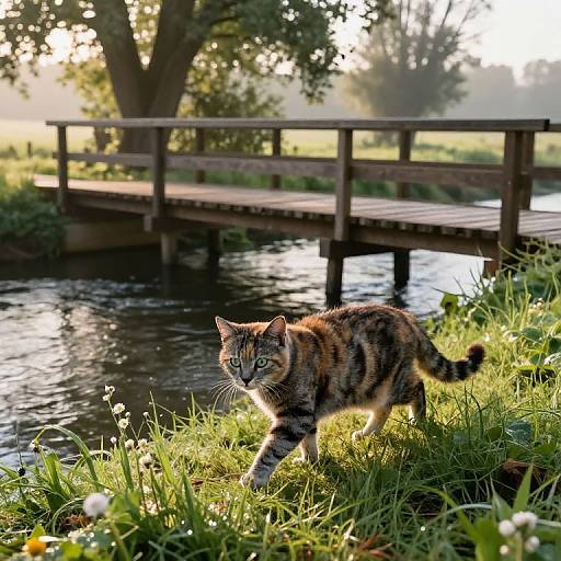 Photograph of a tabby cat with green eyes walking through lush grass beside a sunlit, wooden bridge over a calm river.
