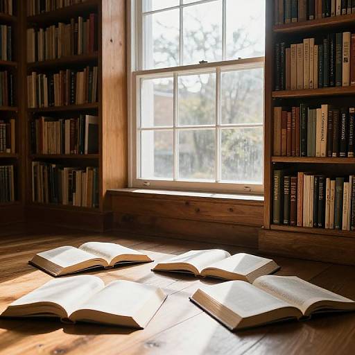 Sunlit wooden room with four open books on floor, surrounded by bookshelves, large window showing trees outside, warm light. Photorealistic photograph