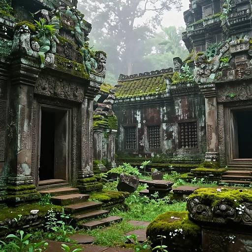 Photograph of an overgrown, ancient stone temple courtyard with moss-covered carvings, intricate reliefs, and lush greenery, surrounded by dense