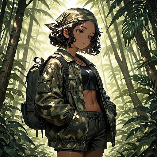 Curly-Haired Jungle Explorer in Camouflage