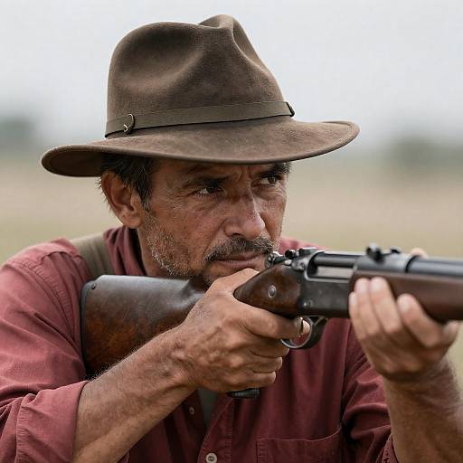 Rugged Hunter Aiming Vintage Rifle