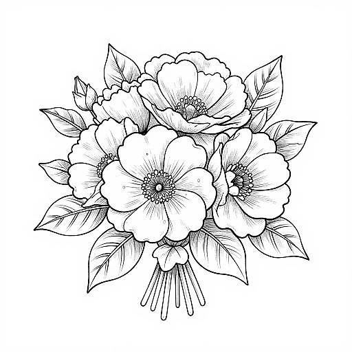 Black and white line drawing of a bouquet of large, detailed flowers with numerous petals and leaves, centered on a white background.