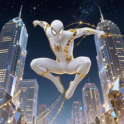 White and Gold Spiderman in Futuristic City