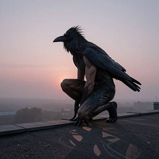 Photograph of a muscular, human-like creature with black feathered body and crow head, crouching on rooftop at dawn, shadow cast on ground