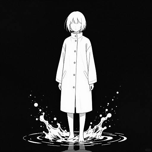 Monochrome digital drawing of a faceless figure in a long coat standing in water, surrounded by splashes. Black background.