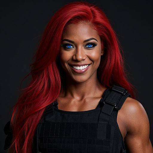 Photograph of a smiling woman with vibrant red hair, striking blue eyes, and wearing a black, sleeveless, checkered top against a dark background