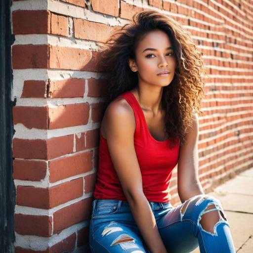 Young Woman Sitting Against Brick Wall