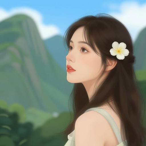 Digital anime-style portrait of a fair-skinned woman with long black hair, a white flower in her hair, red lips, and a white sleeveless