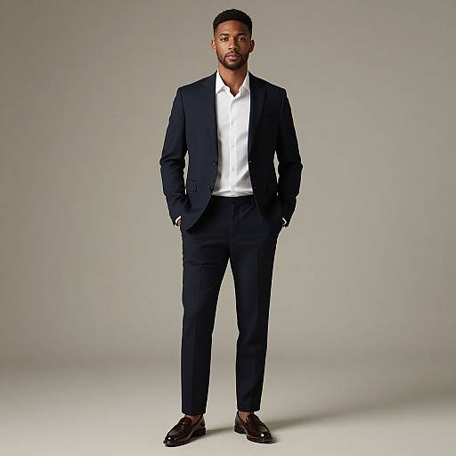 Photograph of a tall Black man with a trimmed beard, wearing a dark navy suit, white shirt, brown loafers, standing with hands in pockets