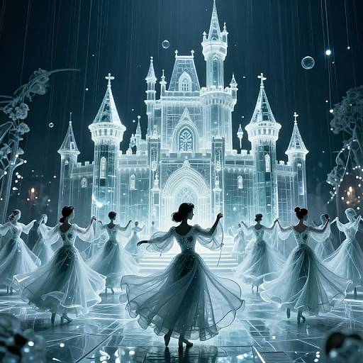 Digital artwork of six ethereal ballerinas in flowing dresses, silhouetted against a glowing, illuminated castle in a rainy night scene.