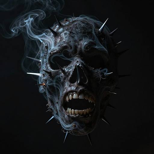 Photograph of a dark, menacing skull with metal spikes, smoke swirling around, and sharp teeth exposed against a black background.