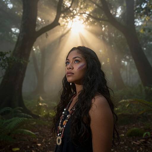 Photograph of a dark-haired woman with intricate face paint, wearing a black top, standing in a misty forest with sunlight filtering through trees.
