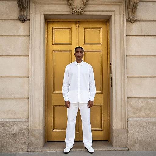 Man in White Standing by Golden Door
