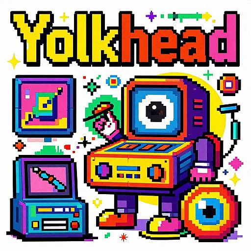 Pixel art of a colorful, retro arcade machine with 