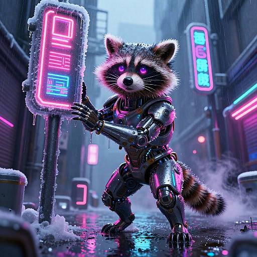 Cybernetic raccoon in neon-lit, snowy alley, gripping glowing signpost. Digital art with vibrant blues, pinks, and pur