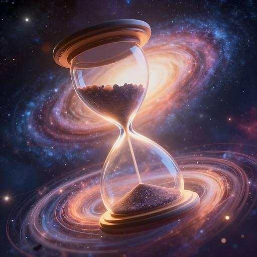 Photorealistic digital artwork of an hourglass with glowing sand, floating in a vibrant, cosmic background featuring colorful, swirling galaxies and stars.