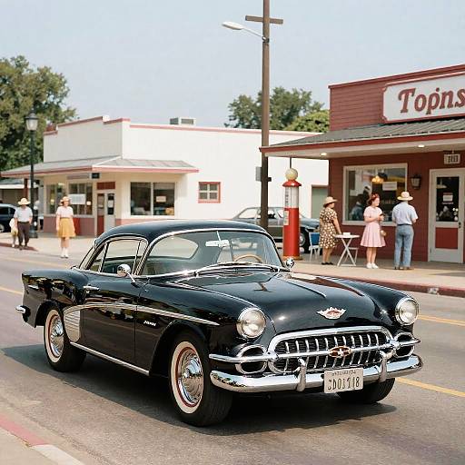 Photograph of a shiny black 1950s Chevrolet Bel Air driving on a sunny street, with vintage stores and pedestrians in the background.