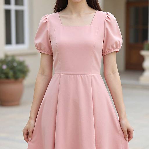 Photograph of a woman in a light pink, short-sleeved, square-neck dress with a flared skirt, standing outdoors with a blurred background