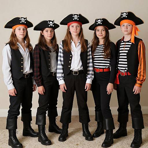Photograph of five young children dressed as pirates, wearing black tricorn hats, striped shirts, vests, black pants, boots, and red/orange