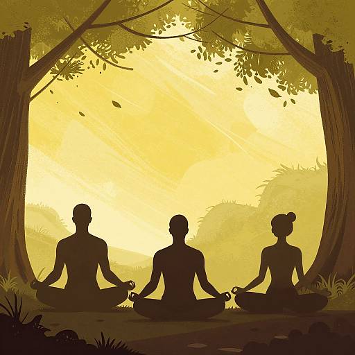 Digital illustration of three silhouetted meditators, two men and one woman, sitting cross-legged under a bright yellow, sunlit forest canopy